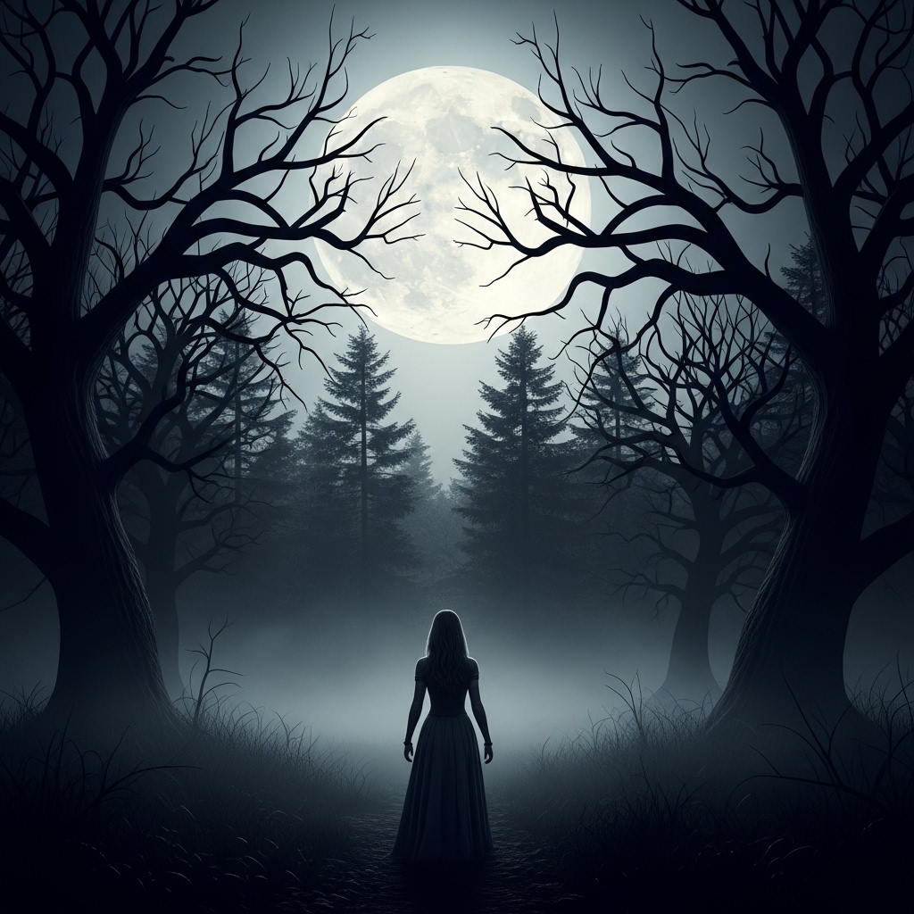 Una luna blanca sobre un bosque oscuro, ilustración para el cuento de terror gótico "Blanca Persuasión".