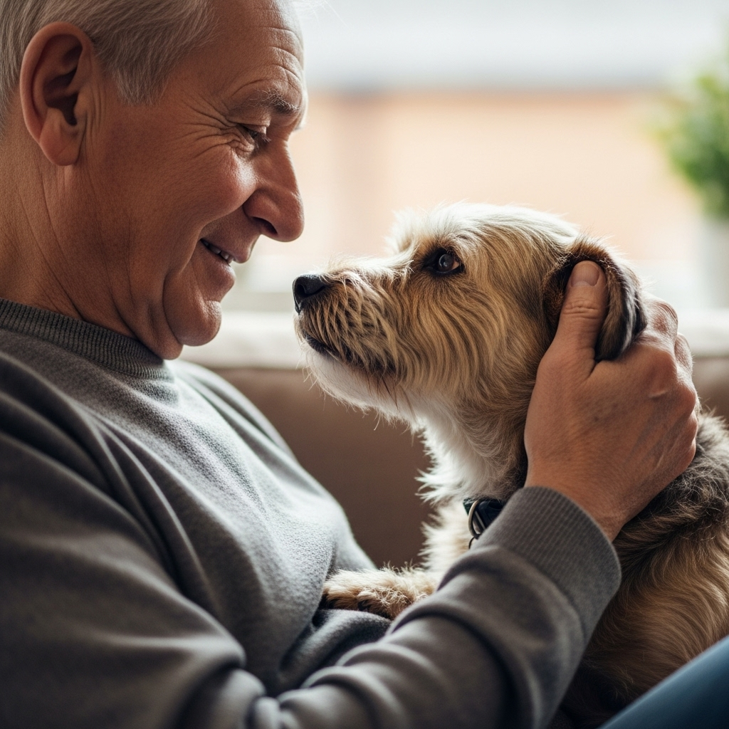 Un hoimbre compartiendo un momento de afecto con su mascota, símbolo del amor incondicional de los perros.