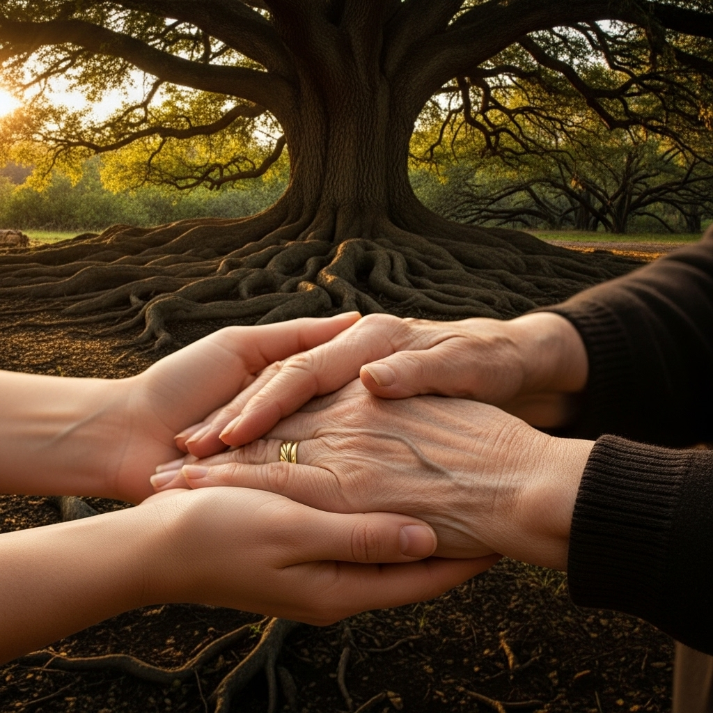 Manos de diferentes generaciones unidas, simbolizando el legado y el proceso de aprender a amar. ¿qué es el amor verdadero?