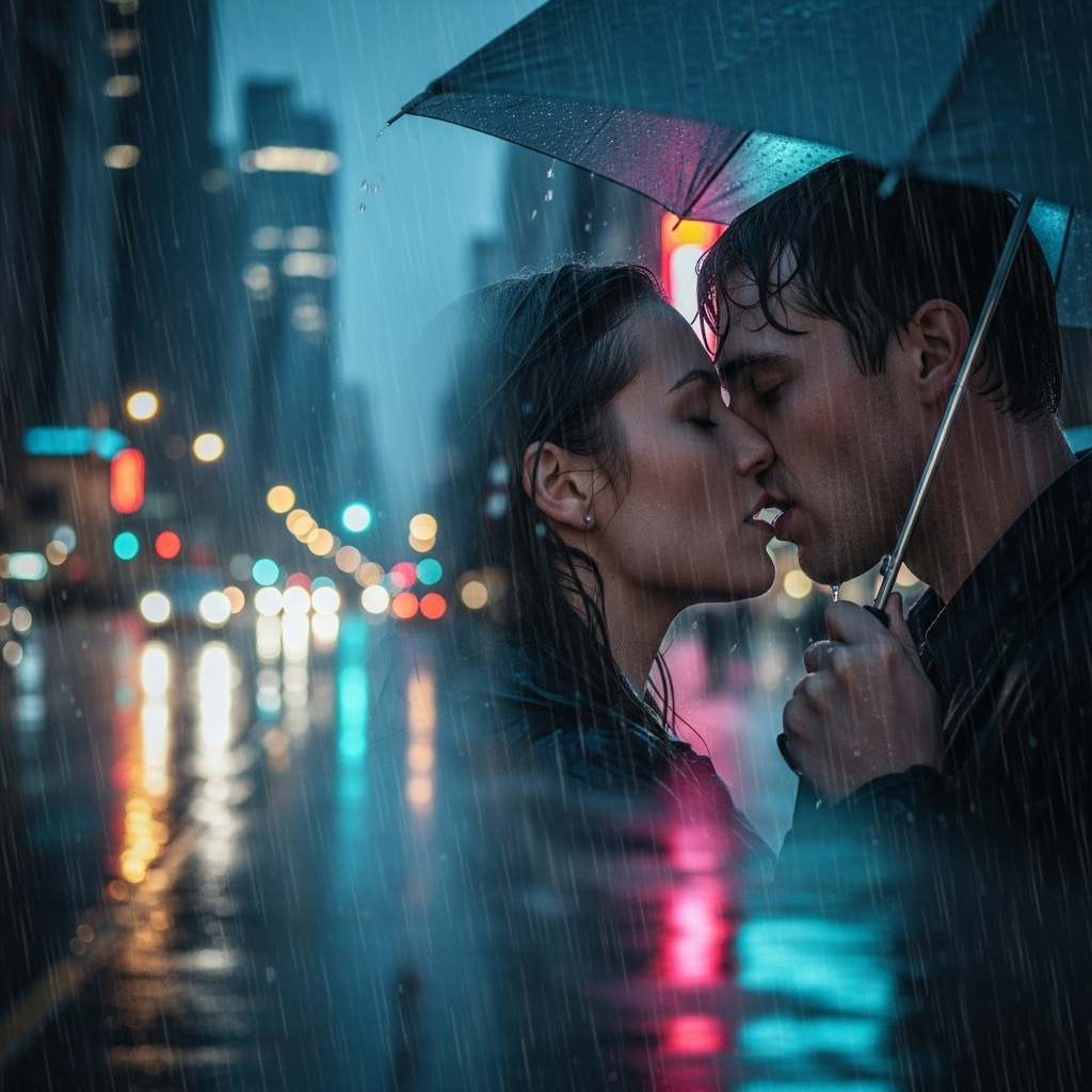 Una pareja besándose bajo la lluvia, representando la intensidad de una pasión extramatrimonial.