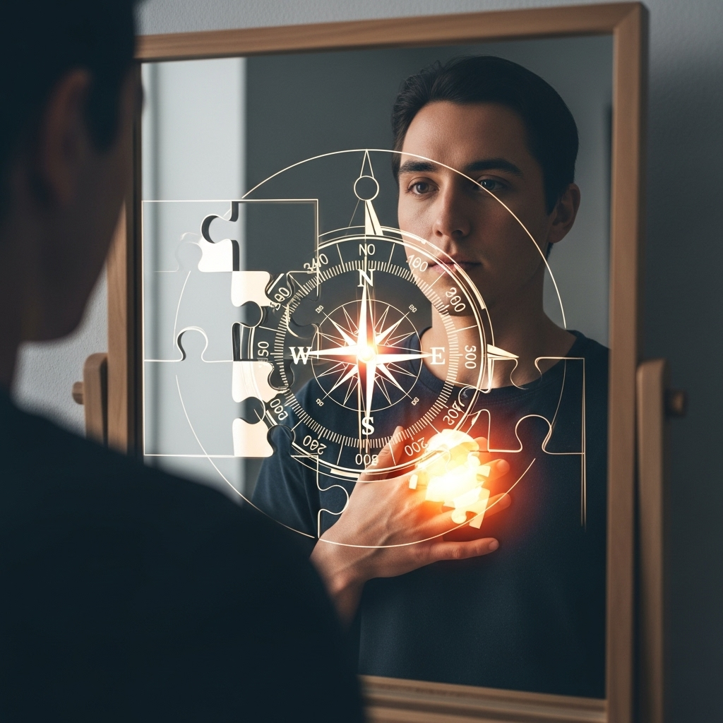 Una persona reflejada en un espejo, simbolizando que para encontrar a la persona indicada primero debes conocerte a ti mismo.