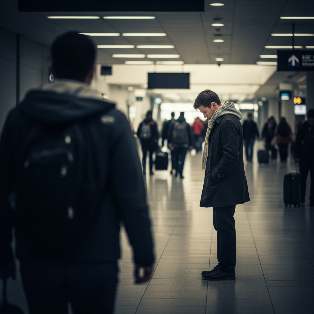 Una persona sola en un aeropuerto, simbolizando la despedida y la **ruptura de un amor a distancia**