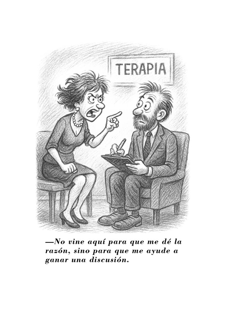 Ilustración para el diálogo cómico 'Tiempo de locos' sobre la absurdidad del small talk en una sala de espera.