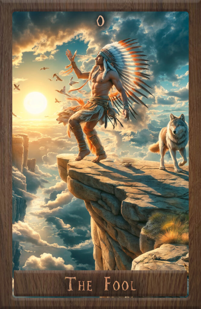 Carta El Loco del mazo Wakan Tarot, representando saltos al vacío creativos en ejercicios de pensamiento lateral con tarot