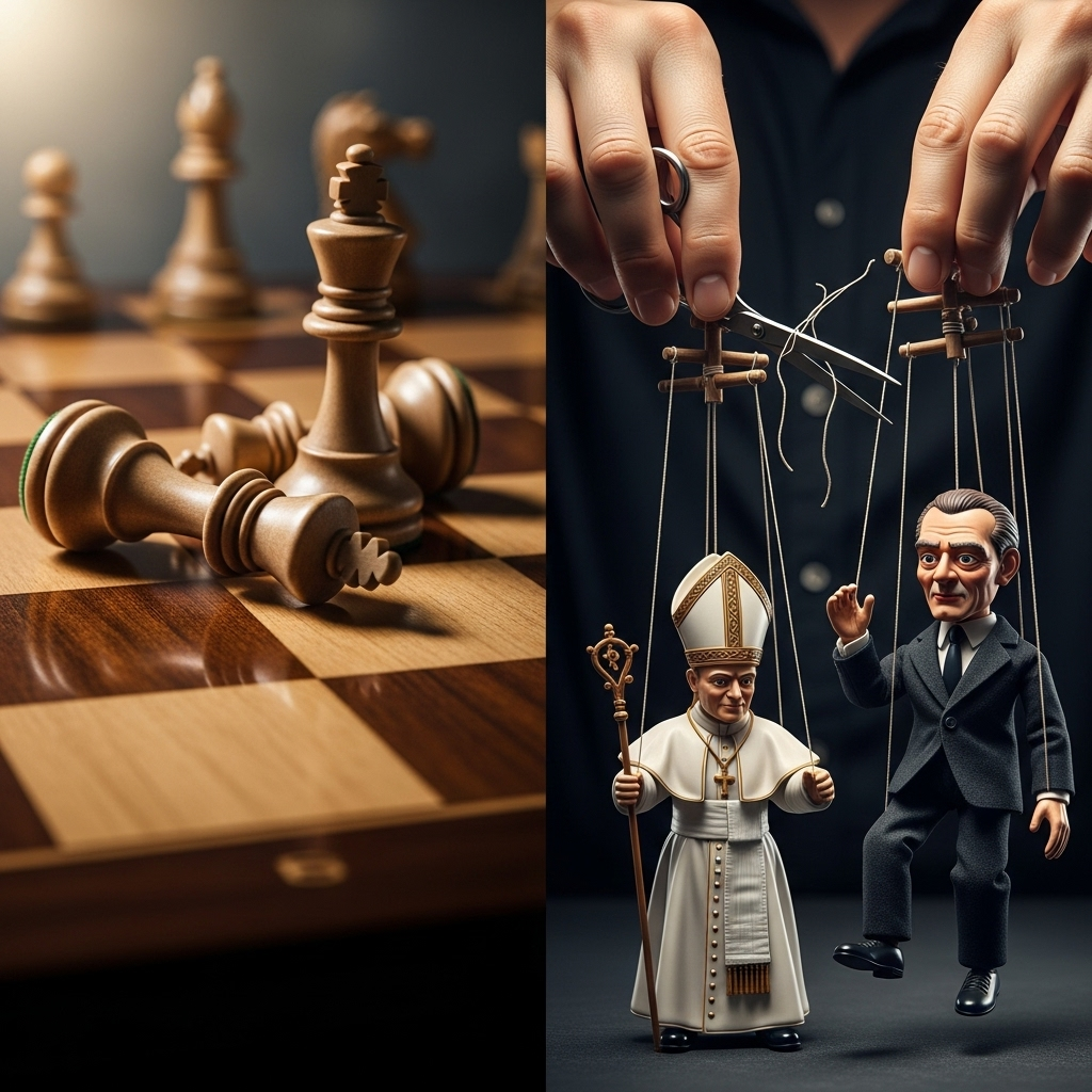 Ilustración conceptual sobre la caída de los títeres del poder global, como el Papa Francisco y Klaus Schwab.