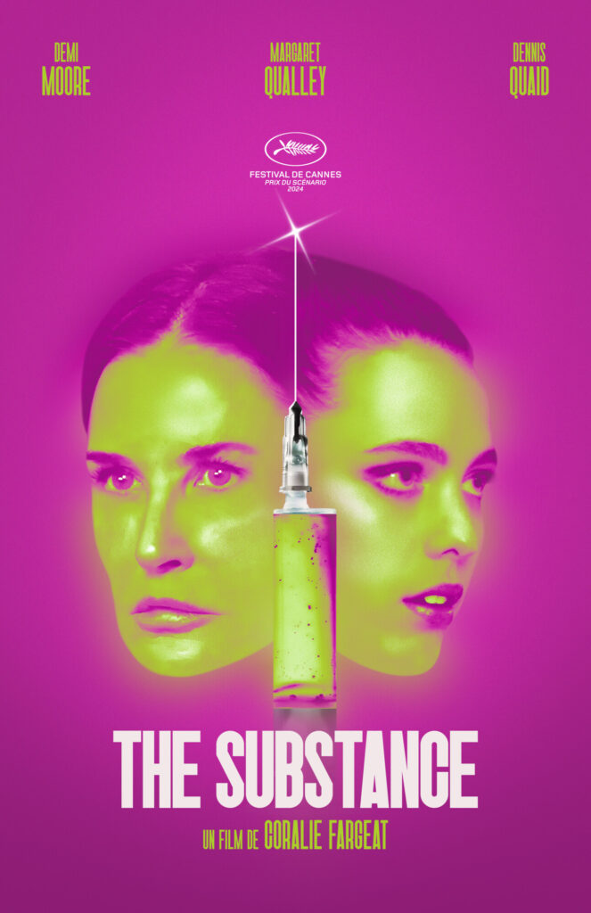 Poster oficial que ilustra la crítica de The Substance, película de body horror con Demi Moore.