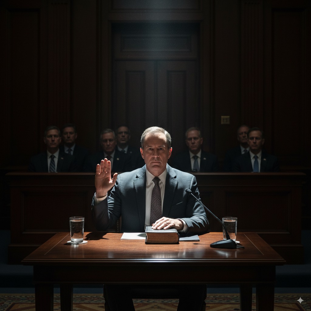 Ilustración de una audiencia en el Congreso analizando la conspiración detrás de la revelación OVNI.