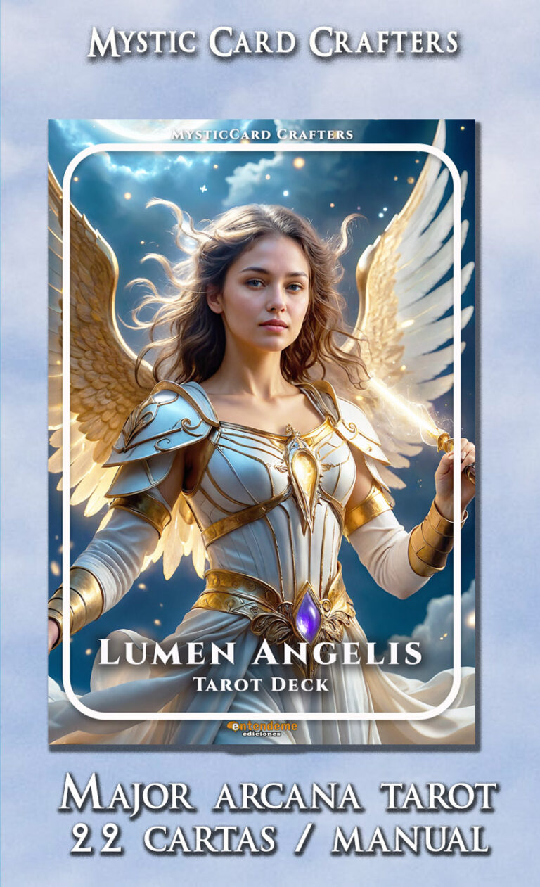 Caja y cartas del mazo Lumen Angelis, un mazo de tarot angelical para autoconocimiento basado en arquetipos psicológicos.