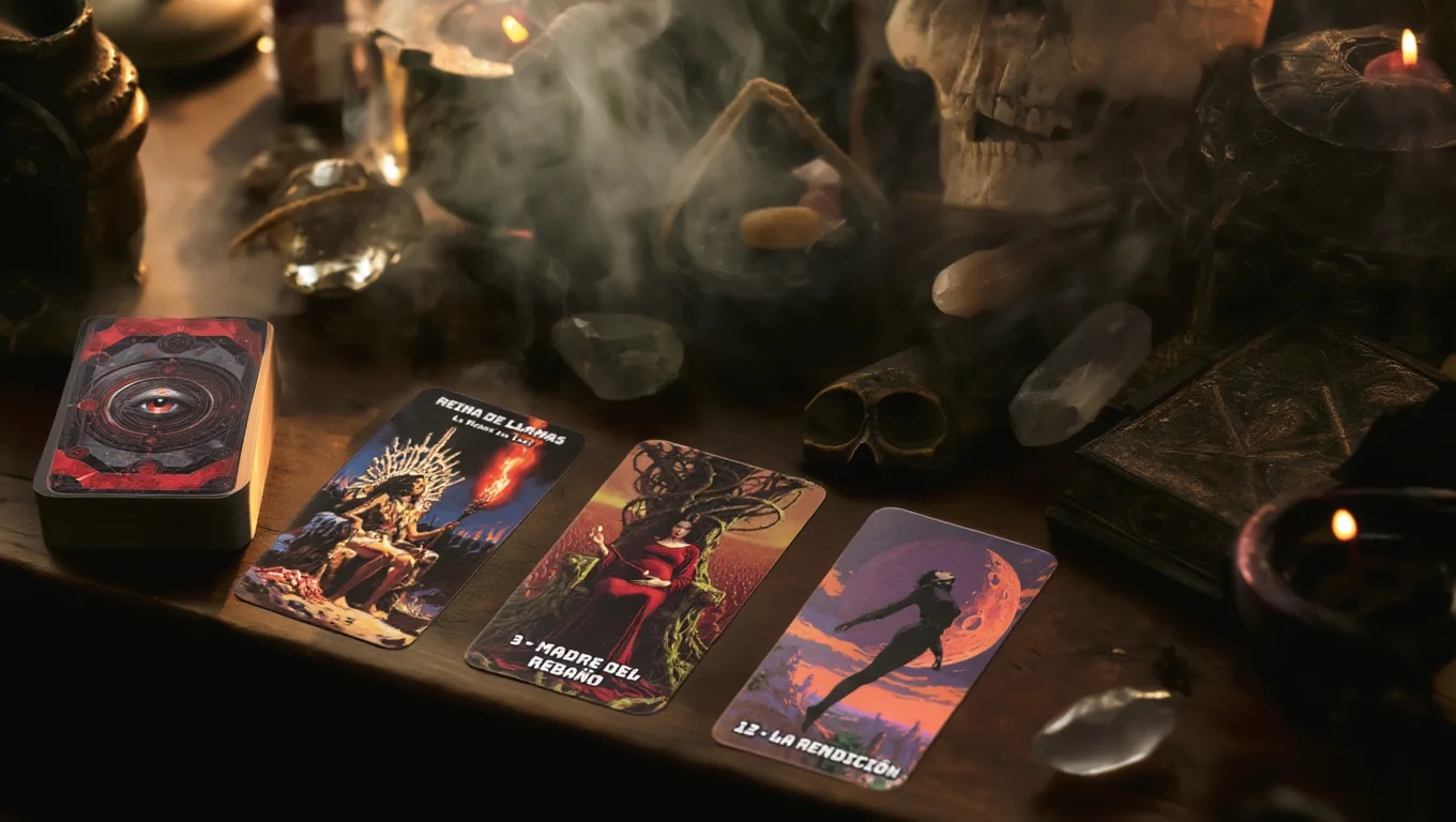 lectura de tarot por email - Mazo Arcanos de la Cosecha Roja sobre la mesa, herramienta de tarot evolutivo y pensamiento crítico.