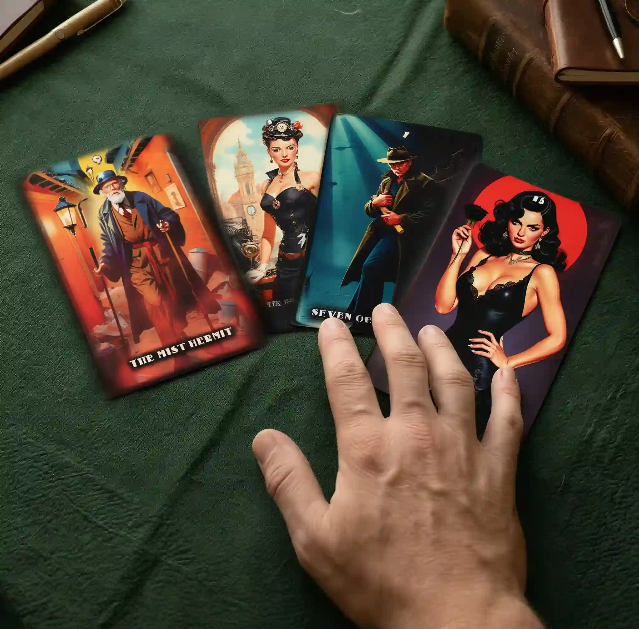 Tirada de 4 cartas simple del Método DRAE mostrando las posiciones Dirección, Recursos, Acción y Enseñanza.