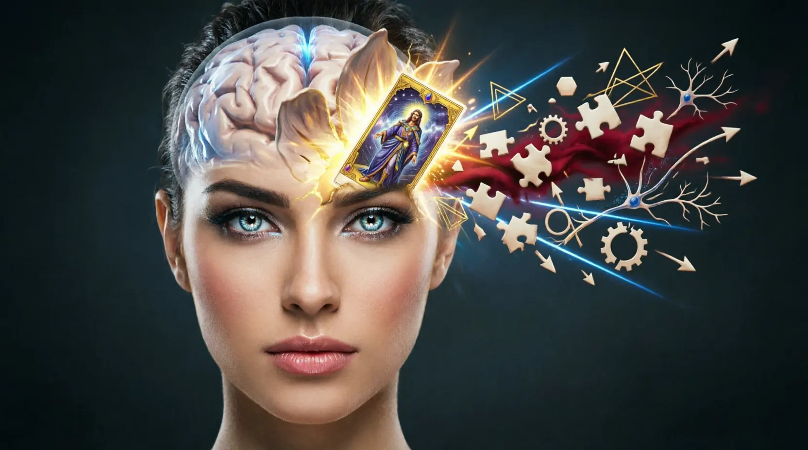 Mujer con mirada penetrante y cerebro transparente revelando una carta de tarot brillante que rompe bloqueos mentales, con piezas de rompecabezas, engranajes y neuronas expandiéndose lateralmente, simbolizando ejercicios de pensamiento lateral.