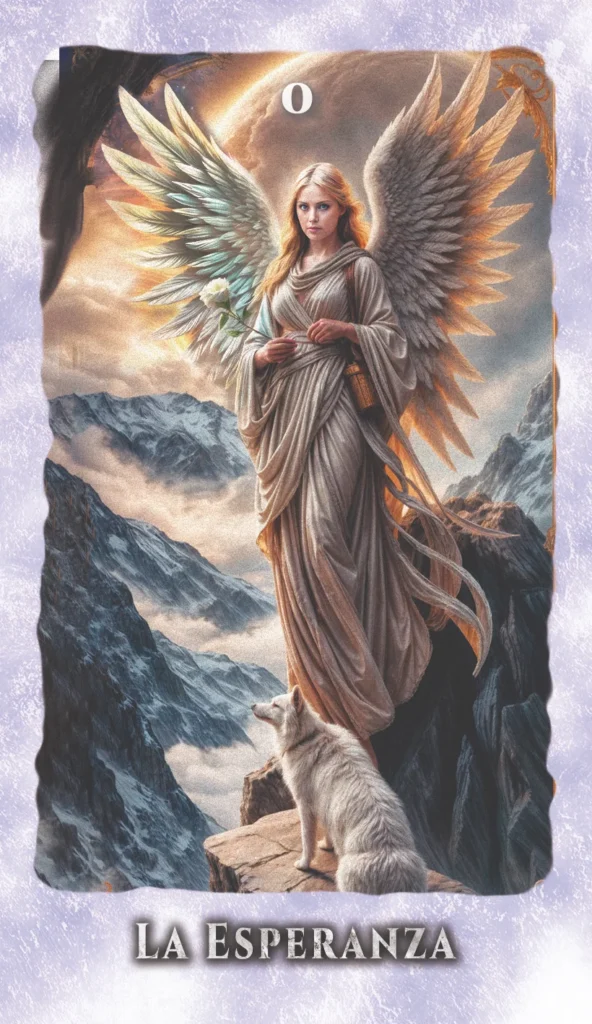 Carta Esperanza de Lumen Angelis mostrando un ángel al borde de un precipicio, arquetipo para conectar con intuición usando tarot. Lectura mixta de tarot