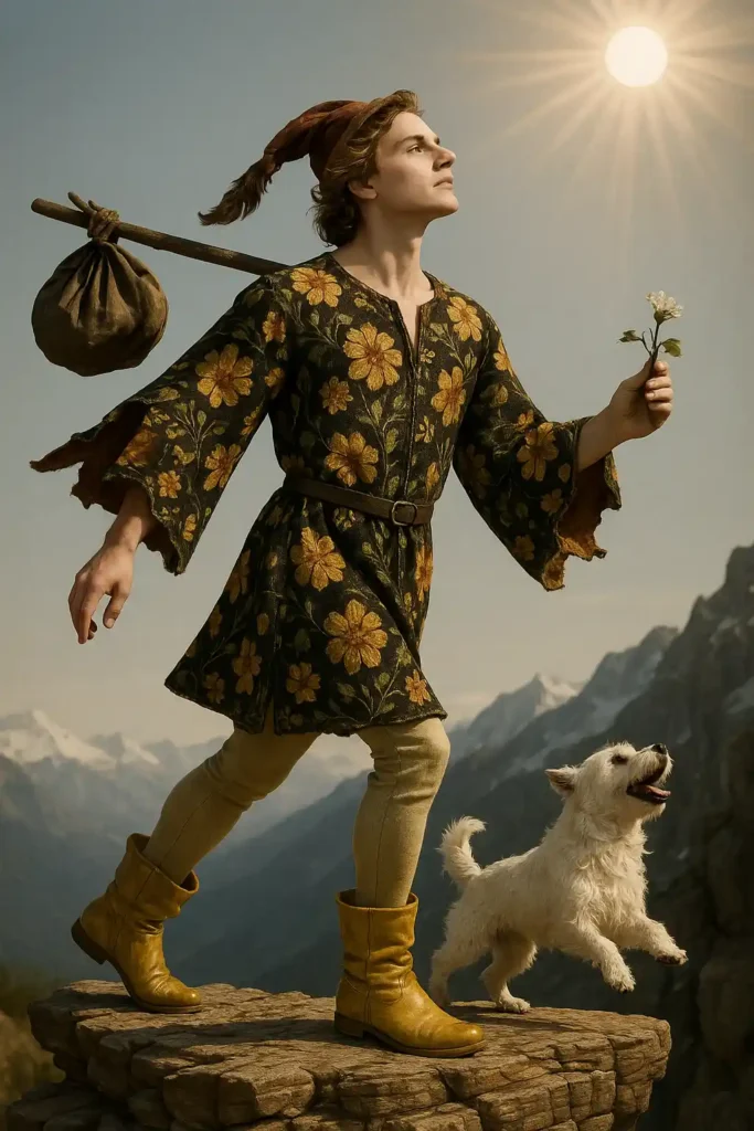 Imagen del loco inspirada en el Tarot clásico de RWS, y sus diferencias con el loco del tarot en la mitología griega