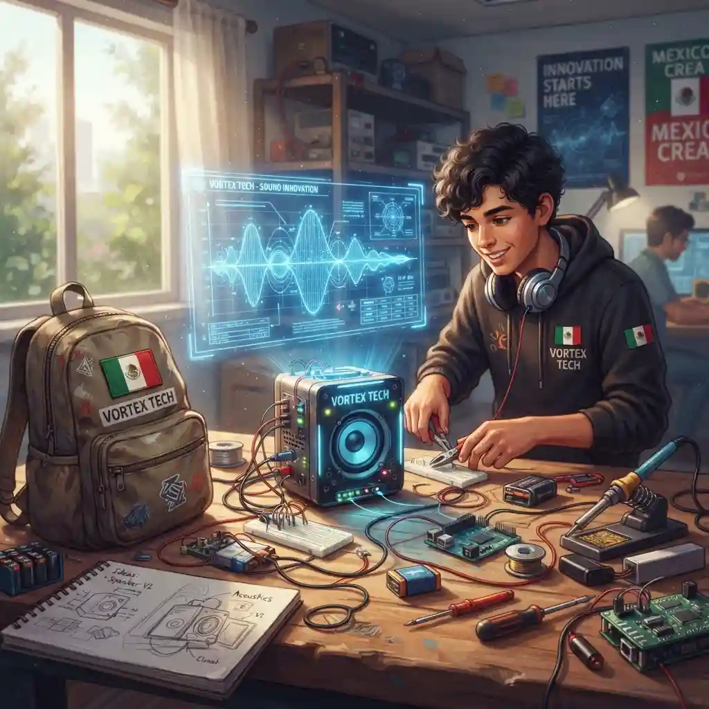 Bodegón de componentes electrónicos, circuitos y una bocina que forman el corazón de un extintor de sonido casero, simbolizando el ingenio y la soberanía científica juvenil.