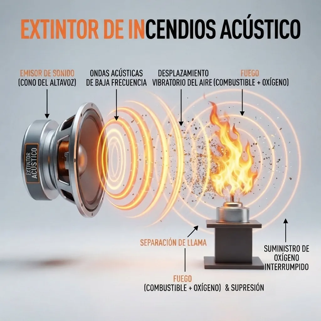 Render 3D educativo que muestra cómo un extintor de sonido utiliza ondas de baja frecuencia para desplazar el oxígeno y extinguir el fuego, ilustrando el principio de la física acústica.