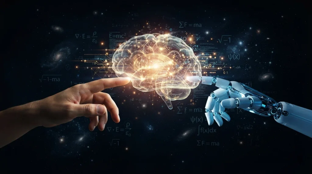 El peligro de la inteligencia artificial - dos manos que apuntan a un cerebro no tan diferente