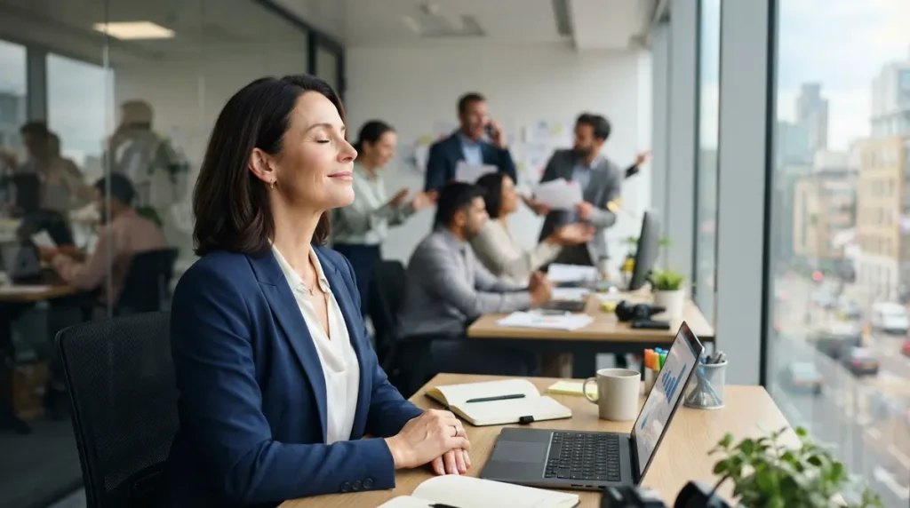 Inteligencia emocional: Una mujer manteniendo la calma en un entorno de oficina caótico.