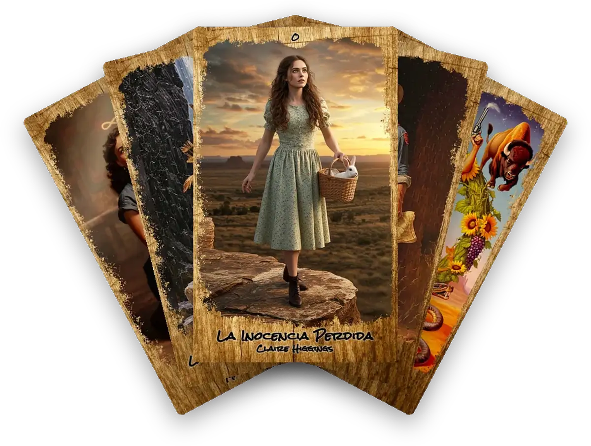 Abanico de cartas del Tarot de las Dos Balas: La Inocencia Perdida, El Mago del Orden, La Guardiana del Secreto y otros arcanos mayores