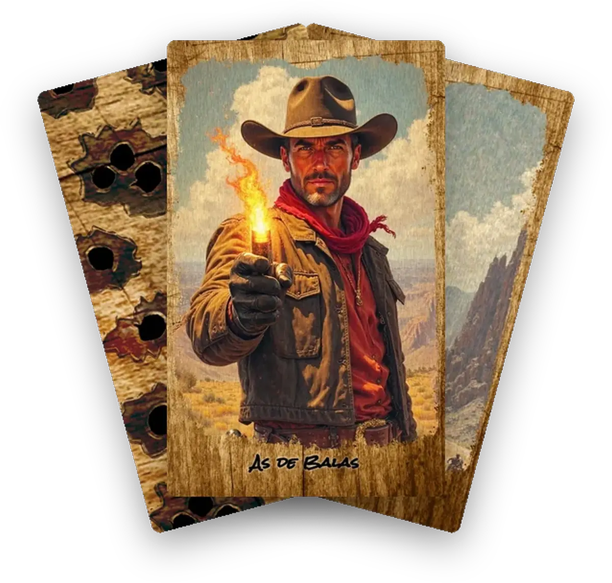 Cartas del Tarot de las Dos Balas: As de Balas, Rey de Balas y el dorso de madera con agujeros de bala