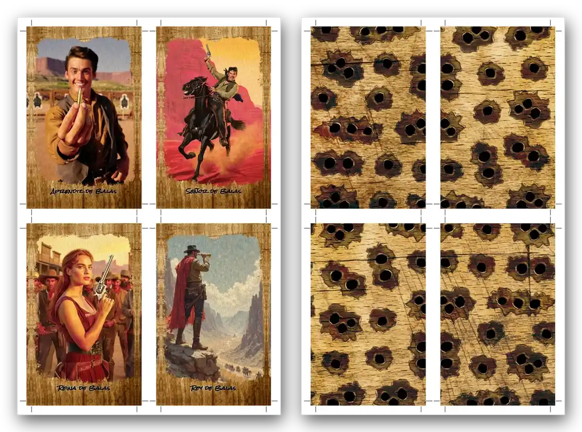 Hoja de cartas con marcas de corte y hoja de dorsos del pack imprimible del Tarot de las Dos Balas