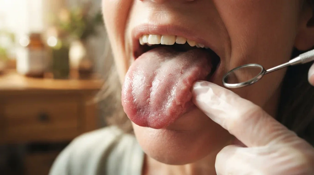 Diagnóstico Lingual: Un primer plano detallado de una lengua bajo iluminación médica para resaltar texturas y colores. - Medicina china y la lengua