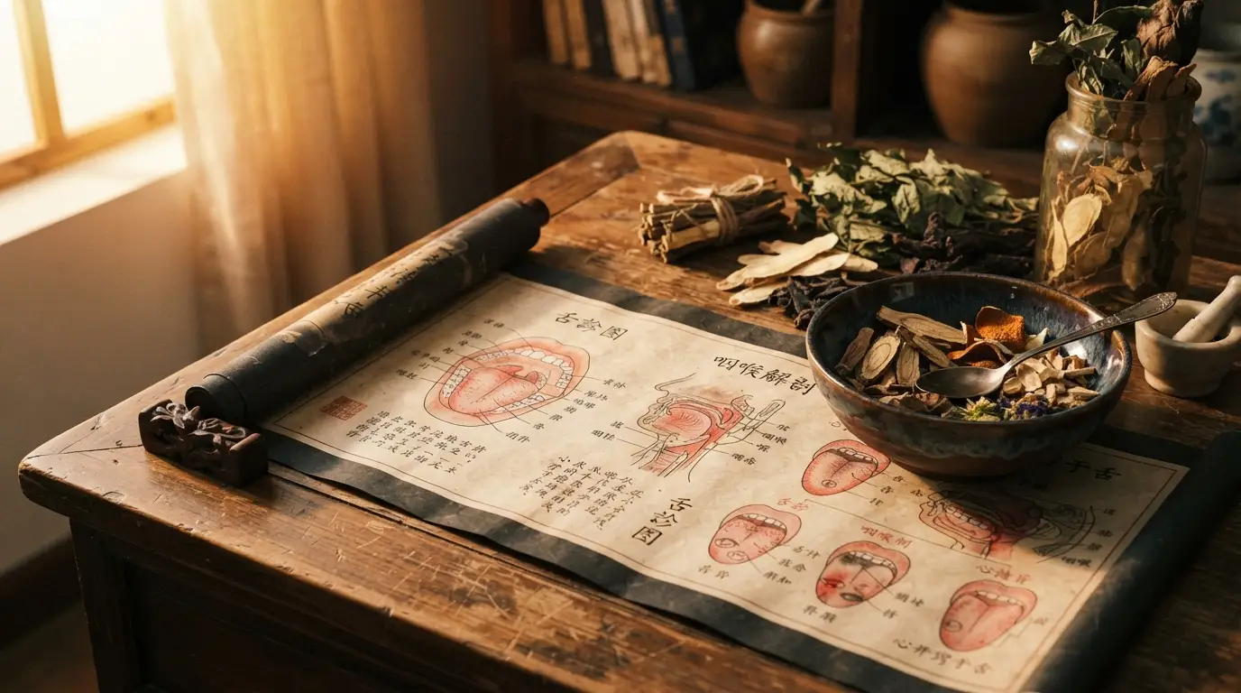 Tradición y Sabiduría: Una composición de un pergamino médico antiguo con diagramas anatómicos, hierbas medicinales y cuencos cerámicos. Medicina china y la lengua