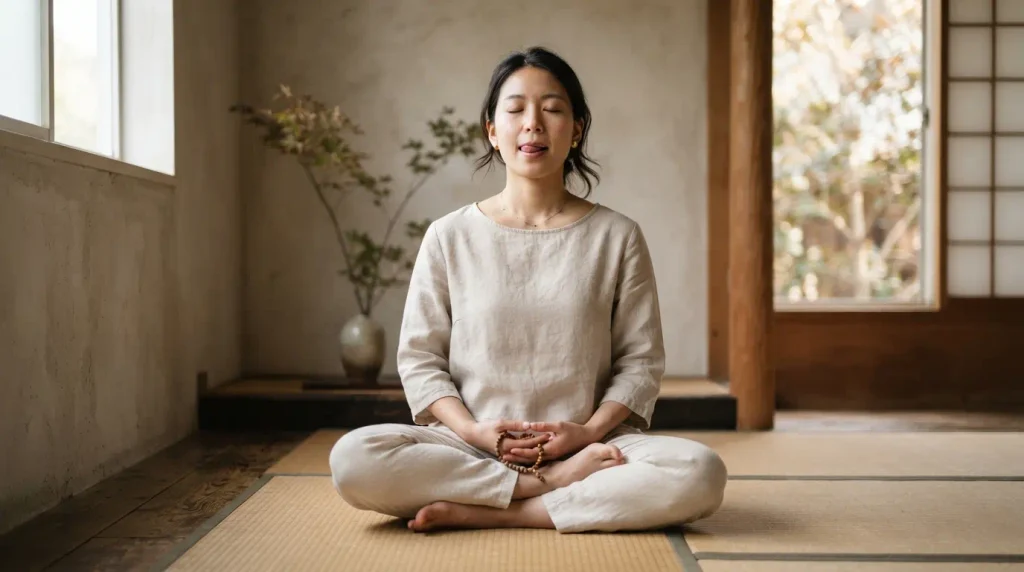 Práctica y Relajación: Un retrato sereno que captura la conexión mente-cuerpo durante los ejercicios linguales. - MEDICINA CHINA Y LA LENGUA